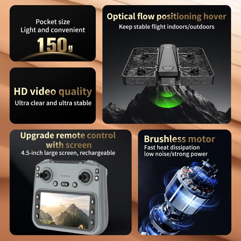 Adult 2K Dual Camera Drone with 4.5" LCD Screen Remote Control (No Phone Needed), Brushless Motor FPV Quadcopter, Under 249g Mini Drone, Portable Design, Optical Flow Stable Hover, Follow Me, 360° Flip, Beginner-Friendly Drone