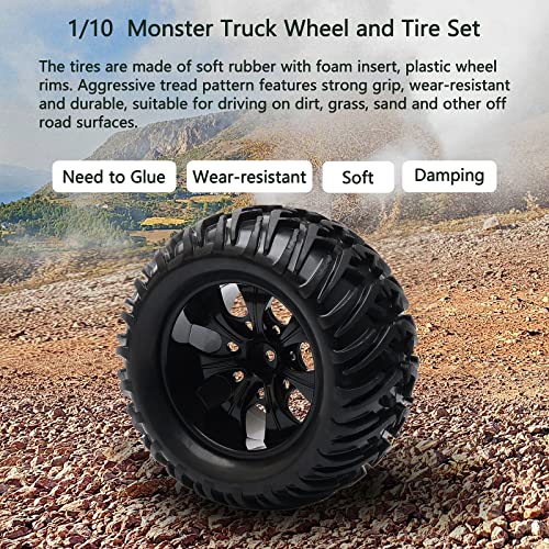 1/10 Monster Truck Tires & Wheels, Black, 4PCs Unmounted Set | 5" 128mm Off-Road RC Tires, 12mm Hex 7-Spoke Rims, Compatible with Traxxas Stampede, Compatible with Arrma Granite - color: Black