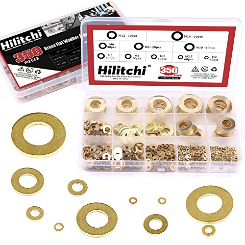 Hilitchi 350-Pcs [10 - Size] Brass Flat Washer Assortment Set - M2 M2.5 M3 M4 M5 M6 M8 M10 M12 M14