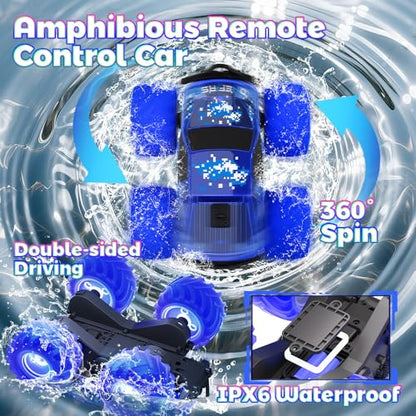 Drefirsa Waterproof Remote Control Monster Truck, Remote Control Car Toy | Amphibious, 4WD All Terrain RC Truck with Colorful Light, RC Stunt Car Toy for 6 7 8 9 10 11 12 Year Old Boy Birthday Gift - color: Blue