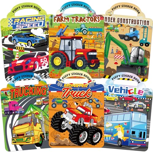 Elfew 6 Pack Car Sticker Books for Toddlers 2-4 3-5 | Over 190+ Stickers, 3D Reusable, Puffy Vehicle Stickers for Boys, Mess Free Activity Set, Road Trip Essentials Birthday Gift - color: 6 Sets Puffy Stickers