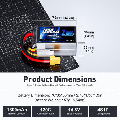 Zeee 14.8V 120C 1300mAh 4S RC Lipo Battery Graphene Battery with XT60 Plug for FPV Racing Drone Quadcopter Helicopter Airplane RC Boat RC Car RC Models(2 Pack)