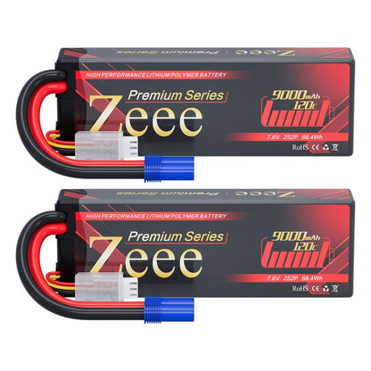 Zeee Premium Series 2S Lipo Battery 9000mAh 7.6V HV-Lipo 120C Hard Case Battery with EC5 Connector High Voltage Battery for RC 1/10 Scale Vehicles Car Trucks Boats RC Models (2 Pack)