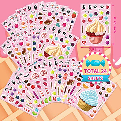 24 Sheets Make-a-face Cupcake Stickers Make Your Own Dessert Stickers | Mix and Match Sweets and Fruit Treats Party Favor Supplies for Kids Ice Cream Sticker Games Birthday DIY Art Crafts - style: Cupcake