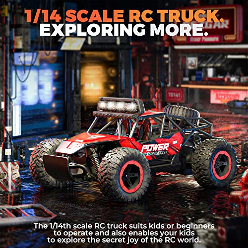 BEZGAR RC Cars for Boys - 1:14 Off Road RC Truck with LED Headlight | 2.4GHz steady wireless signal, shock-absorbing suspension, bright front lamp, fun toy for kids & adult beginners - color: Red