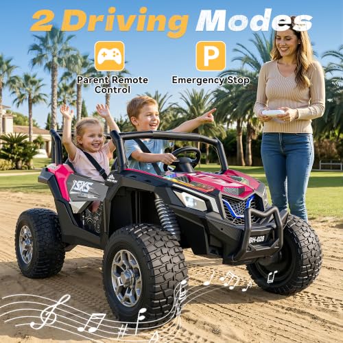 XXXL 4WD 24V Ride on Toys for Big Kids 3-14, Max 5.5Mph & 220 lbs Load,Pink | Adjustable 22” 2 seater ride on car for kids, 15" eva all-terrain tires, remote control, led lights, smooth shock absorbers - color: Pink