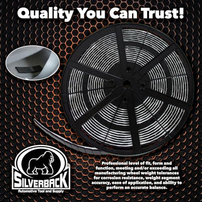 Silverback 1/4oz Black Steel Adhesive Tape Wheel Weights with EZ Peel Tape. Designed for The Professional Tire Dealer. Cars, Trucks, SUV's, & Motorcycles. 10lb. Roll Black .25oz Steel Tape Weight. - color: Black