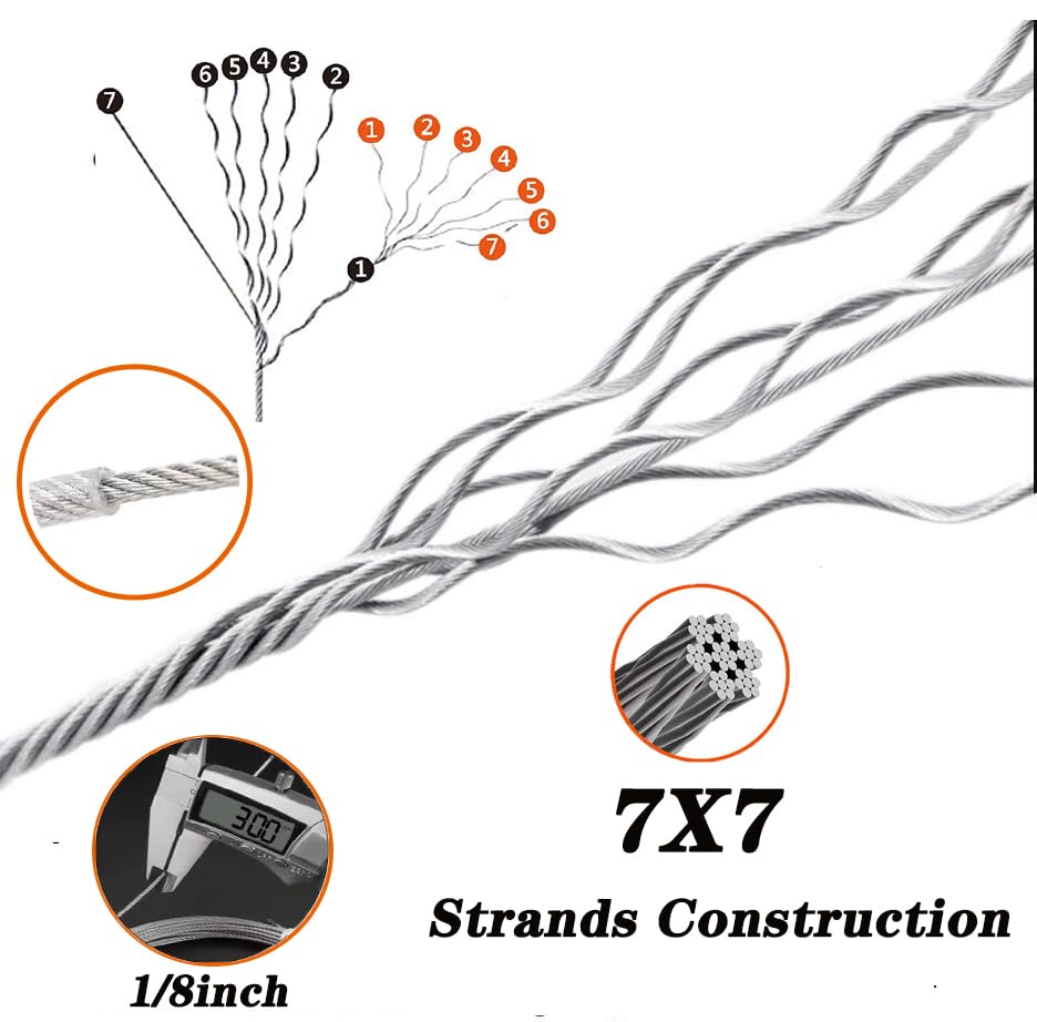 1/8" Wire Rope Kit with M5 Turnbuckles - 164FT Vinyl Coated Stainless Steel Cable, 7x7 Braided Strands Aircraft Cable for Climbing Plants, Outdoor String Lights Hanging - size: 164 ft