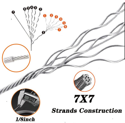 1/8" Wire Rope Kit with M5 Turnbuckles - 164FT Vinyl Coated Stainless Steel Cable, 7x7 Braided Strands Aircraft Cable for Climbing Plants, Outdoor String Lights Hanging - size: 164 ft