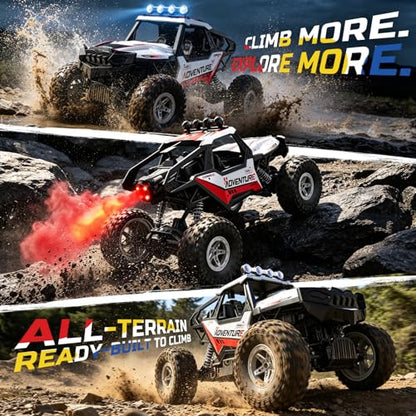 DEERC DE125 1:14 RC Rock Crawler, 4WD Remote Control Off-Road Monster Truck with Mist Spray, Metal Shell, LED Lights, 2.4GHz All-Terrain Car, 2 Batteries, Gifts for Kids & Adults - color: Black