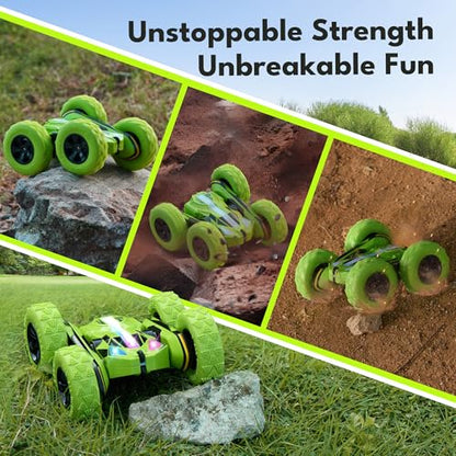 Threeking Remote Control Flip Stunt Car Double Sided Driving Crawler Toys | Quick-Swap Modular Battery Durable RC Cars with Auto Demo Breathing Soft Lights Gifts for Boys Girls Ages 6-12 - color: Green-up