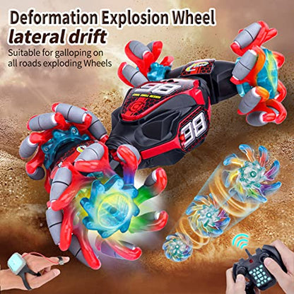 GoolRC Gesture Sensing RC Stunt Car, 4WD 2.4GHz Remote Control Car, Transformer Toy Cars with LED Lights, Double Sided Driving, 360?Rotating and Explosive Wheel for Adults (Red) - color: Red