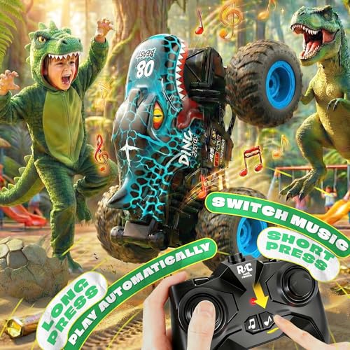 BEZGAR Monster Truck Toys, 1:20 Remote Control Car with Light & Music | Blue Dinosaur Toys for Kids, RC Truck with 360° Spins and Drifting, Toy Car Gifts for Boys, Battery Life of 20 Minutes - color: Blue