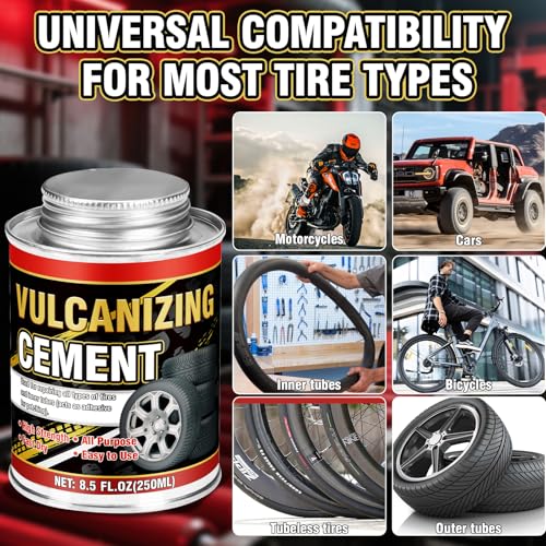 Chemical Vulcanizing Cement 8.5 FL.Oz, Fast-Drying Rubber Cement Glue with Brush, All Purpose Tire Repair Glue, Tire Patch Kit with Brush – 8.5 FL.Oz for Car, Motorcycle, Bike, Rubber