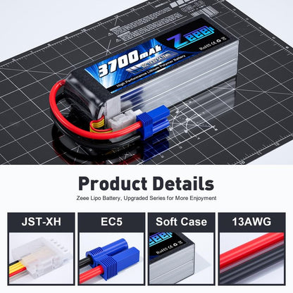 Zeee 4S Lipo Battery 3700mAh 60C 14.8V with EC5 Plug (2 Packs) | Soft Case Battery for RC Airplane Helicopter RC Boat UAV Drone FPV RC Car Truck Boat
