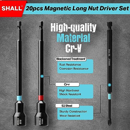 SHALL 20PCS Magnetic Nut Driver Set, 6” Long Nut Drivers for Impact Drill, SAE & Metric 1/4” Hex Shank Nut Driver Bit & Impact Drill Driver Bit w/Power Screwdriver Bits PH1/PH2/SQ2/T20, Storage Bag - size: 20Pcs Long Nut Drivers