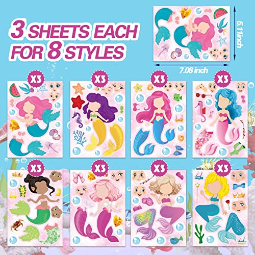 24 Sheets Make Your Own Mermaid Stickers, Make a Face Sticker for Girls | Mermaid Birthday Party Favors , Mermaid decoration Classroom Teacher Rewards, Art Craft Supplies - style: Mermaid（Pink）