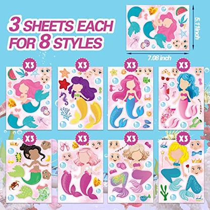 24 Sheets Make Your Own Mermaid Stickers, Make a Face Sticker for Girls | Mermaid Birthday Party Favors , Mermaid decoration Classroom Teacher Rewards, Art Craft Supplies - style: Mermaid（Pink）