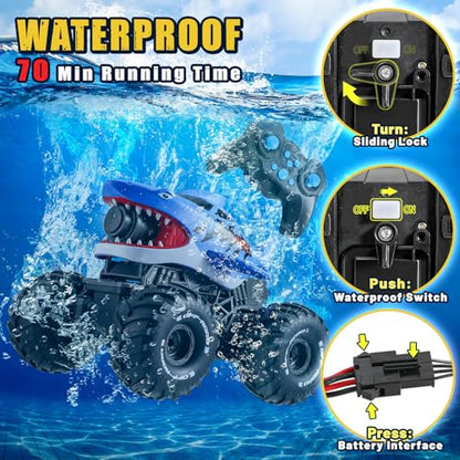 BOBXIN Amphibious Remote Control Shark Monster Truck Squirt Water,4WD All-Terrain Off-Road 2.4Ghz Waterproof RC Car Pool Water Toys for Kids Age 6+ Blue - color: Blue