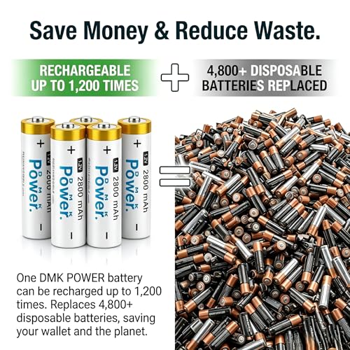 DMK POWER AA Rechargeable Batteries with Charger, 4-Pack 2800mAh NiMH Set | 4-Slot LCD Smart Charger for Remotes, Toys, Flashlights & Clocks Global Voltage Compatible