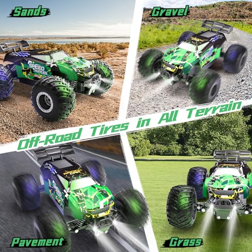 Remote Control Car RC Cars All Terrain Monster Truck, Outdoor 2WD Off Road Hobby RC Truck with 2 Rechargeable Batteries and Colorful Light, 20Km/h Fast RC Car Toys Gift for Kids Boys