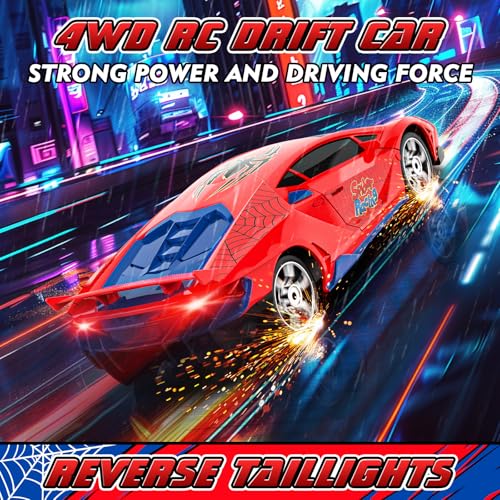 Spider RC Drift Car, 1:24 Remote Control Car 2.4GHz 4WD 15KM/H High Speed RC Cars with LED Lights Racing and Drifting Tire, Gifts Toy Car for Boys Kids 4-7 8-12