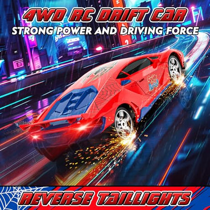 Spider RC Drift Car, 1:24 Remote Control Car 2.4GHz 4WD 15KM/H High Speed RC Cars with LED Lights Racing and Drifting Tire, Gifts Toy Car for Boys Kids 4-7 8-12