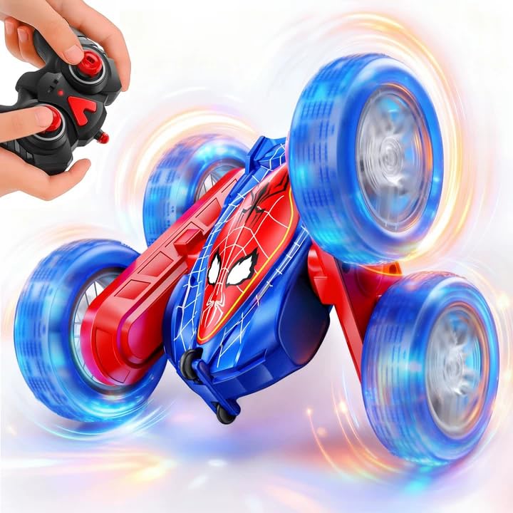 Veeniix Spider Remote Control Stunt Car 360 Flipping 4WD LED Light Blue | Dual batteries 60 mins play,color changing wheels,backyard racing,kids 8-12,rubber tires - color: Blue