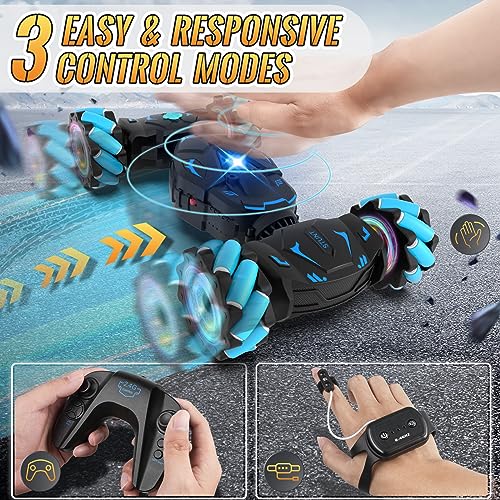 Pristar RC Cars Gesture Sensing Stunt Car, Best Gifts for Boys 6-12 | 2.4Ghz Remote Control Car Toys for Boys Age 6 7 8 9 10 11 12, Double Sided Flip 360° 4WD Off-Road with Spray Lights Music - color: Blue-black