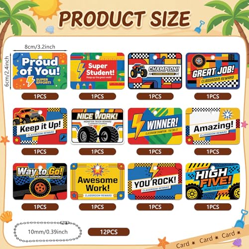 Skylety 12 Set Monster Truck Friction Powered Off-road Vehicle Set with Motivational Reward Cards Metal Chains Summer Incentive Gifts for End of the Year Early Learners Achievement Prizes Group