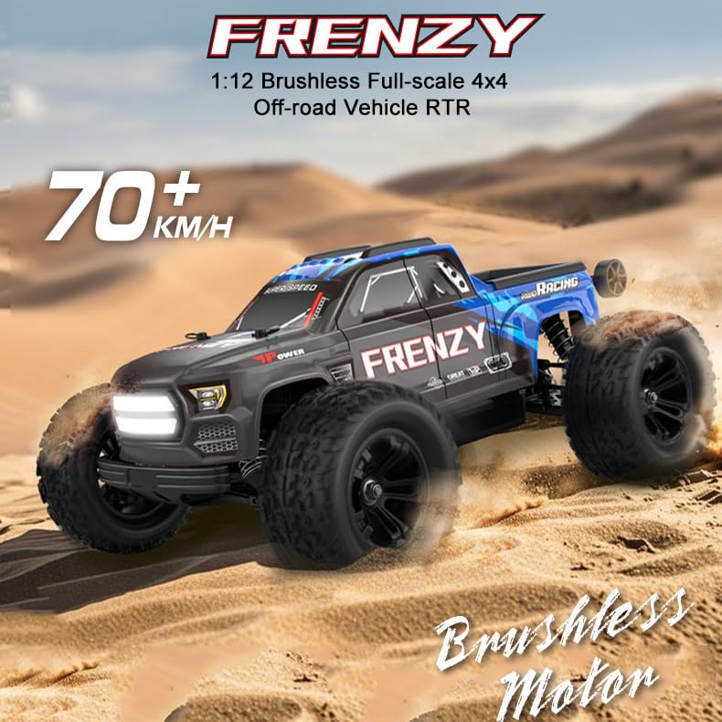 1/12 Brushless RC Cars for Adults, RC Trucks 4x4 Offroad Waterproof, Electric Powered High Speed Remote Control Car, Fast Extreme All Terrain RC Truggy with 3S Battery for Snow Sand - style: Metallic Blue