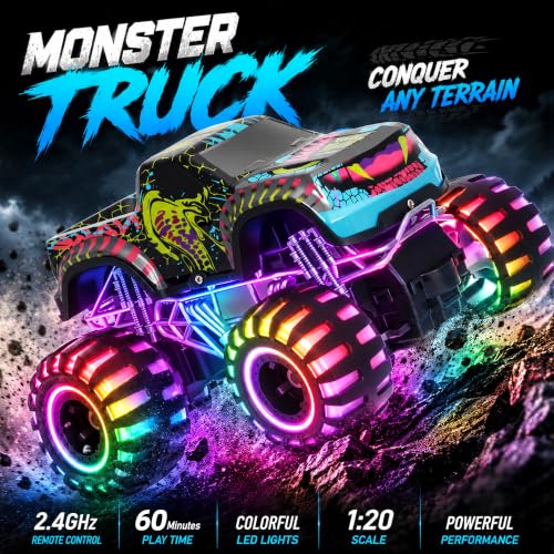 Remote Control Monster Truck Toys, RC Monster Trucks for Kids Ages 4-7-12 | 1:20 Scale, 2.4GHz RC Car Trucks with Lights, All Terrain, 2 Rechargeable Batteries, Christmas Birthday Gifts for Boys Girls
