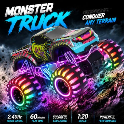 Remote Control Monster Truck Toys, RC Monster Trucks for Kids Ages 4-7-12 | 1:20 Scale, 2.4GHz RC Car Trucks with Lights, All Terrain, 2 Rechargeable Batteries, Christmas Birthday Gifts for Boys Girls