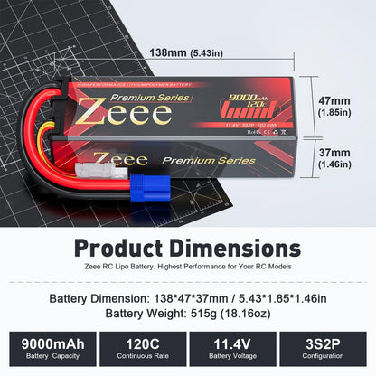 Zeee Premium Series 3S Lipo Battery 9000mAh 11.4V High Voltage Hard Case Battery 120C EC5 Connector HV-Lipo for RC Vehicles RC Car Truck Tank Racing Hobby Models (2 Pack)