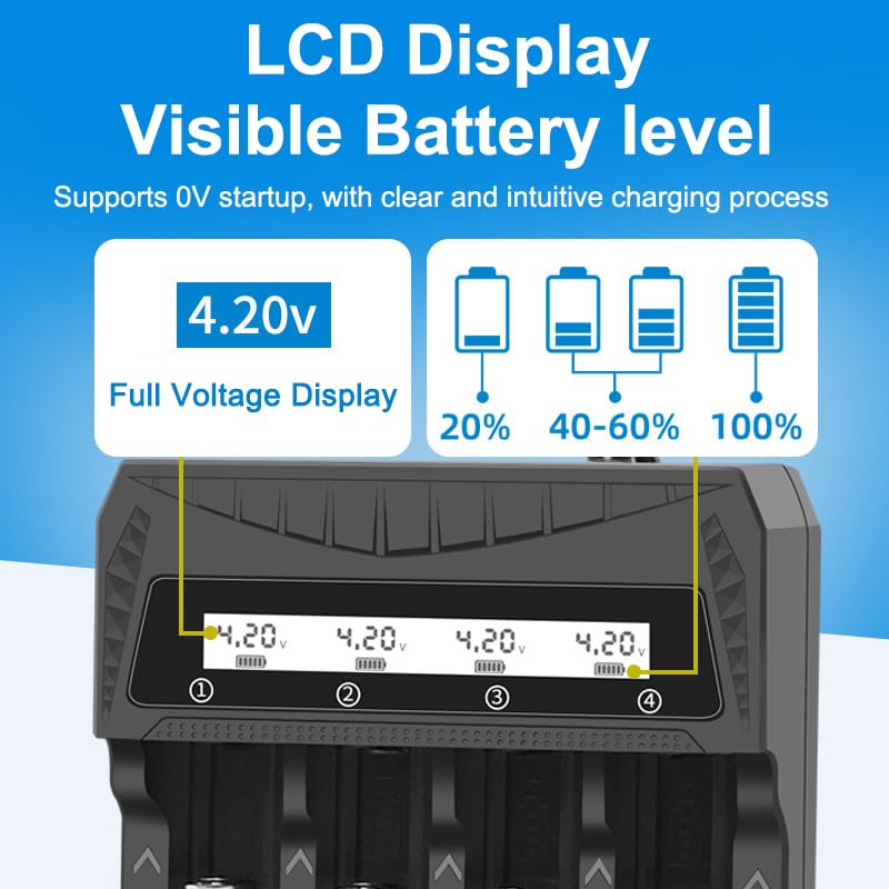 Smart LCD USB Charger, Compatible with 18650 4.2V Rechargeable Lithium Batteries, Supports 1/2/4 Slots, and Compatible with 1.2V NiMH AA/AAA Batteries，Rechargeable Lithium aa Batteries - color: 4 Slots