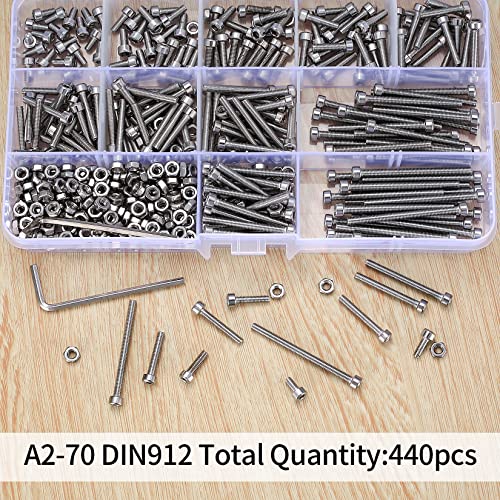 440 Pcs M3 Small Metric Screws with Nuts, Hex Socket Head Cap and Nut Assortment Kits, Stainless Steel Replacement Machine Fastener Screws and Bolts Nuts (440Silver) - color: 440Silver