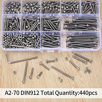 440 Pcs M3 Small Metric Screws with Nuts, Hex Socket Head Cap and Nut Assortment Kits, Stainless Steel Replacement Machine Fastener Screws and Bolts Nuts (440Silver) - color: 440Silver