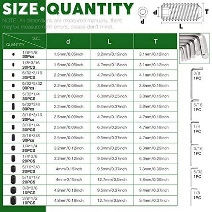 Keadic 376Pcs Internal Hex Drive Cup-Point Screws Assortment Kit, 15 Sizes Alloy Steel Hex Socket Set Cap Point Grub Screws, Socket Head Cap Screws Grub Screws, Black (1/8" to 3/8") - style: 376pcs SAE 10 Sizes Cup Point Set Screw Kit