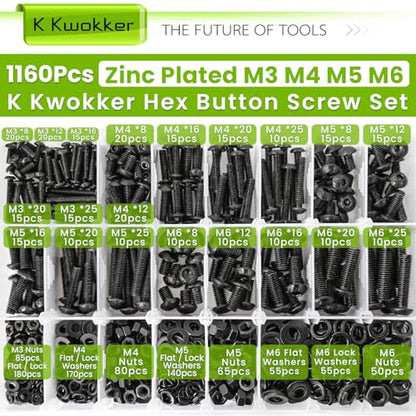 1160Pcs M3 M4 M5 M6 Nuts and Bolts Assortment Kit 20 Size 8MM to 25MM Upgraded Zinc Plated Hex Button Head Cap Metric Machine Screws, 12.9 Alloy Steel Bolts and Nuts Kit with Lock Washers - size: E. M3 M4 M5 M6
