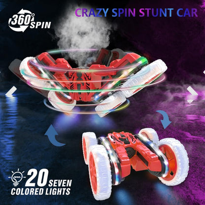 Rc Stunt Cars, Remote Control Cars with Sides Light Strip & 360° Flips Rotating Spray, Double Sided 2.4Ghz All Terrain Toy for Kids Ages 6-12 Year Old Gift (red) - color: Red