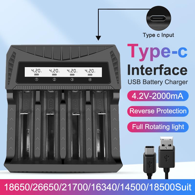 Smart LCD USB Charger, Compatible with 18650 4.2V Rechargeable Lithium Batteries, Supports 1/2/4 Slots, and Compatible with 1.2V NiMH AA/AAA Batteries，Rechargeable Lithium aa Batteries - color: 4 Slots