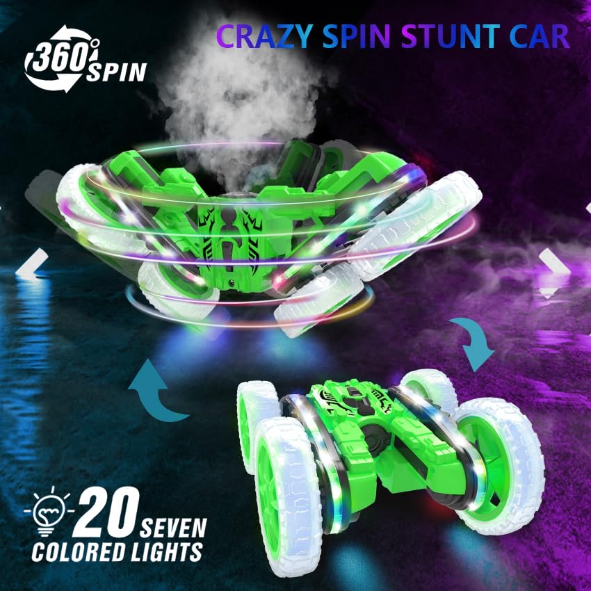 Rc Stunt Cars, Remote Control Cars with Sides Light Strip & 360° Flips Rotating Spray, Double Sided 2.4Ghz All Terrain Toy for Kids Ages 6-12 Year Old Gift (Green) - color: Green