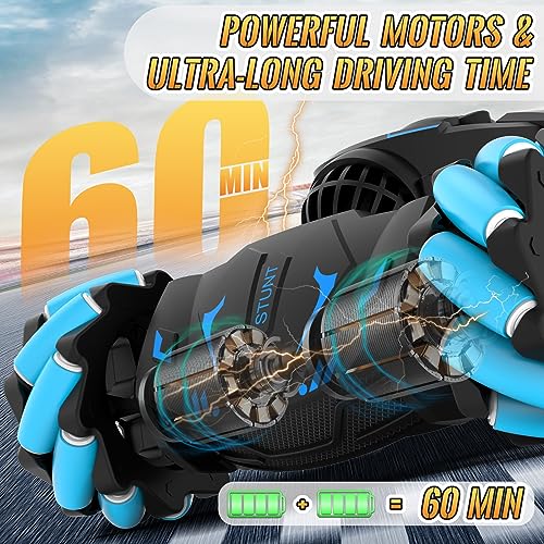 Pristar RC Cars Gesture Sensing Stunt Car, Best Gifts for Boys 6-12 | 2.4Ghz Remote Control Car Toys for Boys Age 6 7 8 9 10 11 12, Double Sided Flip 360° 4WD Off-Road with Spray Lights Music - color: Blue-black
