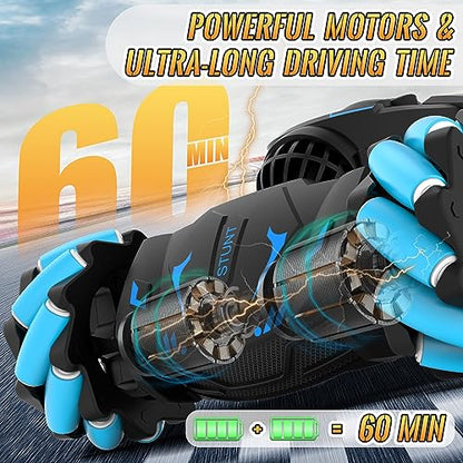 Pristar RC Cars Gesture Sensing Stunt Car, Best Gifts for Boys 6-12 | 2.4Ghz Remote Control Car Toys for Boys Age 6 7 8 9 10 11 12, Double Sided Flip 360° 4WD Off-Road with Spray Lights Music - color: Blue-black