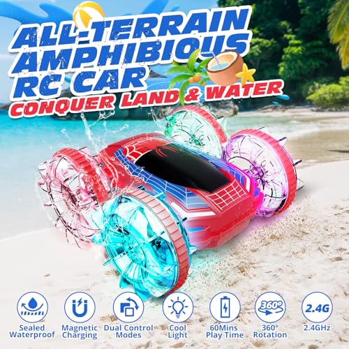 Tecnock Amphibious Remote Control Car Boat, 4WD Gesture RC Cars with Magnetic Charging, 60 Min Playtime, LED Lights, Pool Toys for Kids Ages 6-12, Gift Toys for Boys Girls - color: Red