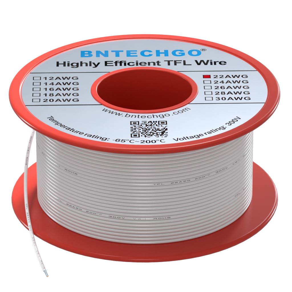 BNTECHGO 22AWG FEP Teflon Coated Wire White 50ft Tin-Plated Copper | 22 Gauge Strands Wire High-Temp FEP Insulation, -65°C to 200°C Rated, Aerospace Wiring, Medical Wiring, Scientific Equipment - size: 50ft White
