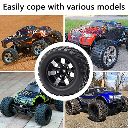 4-Pack 12mm Hex RC Wheels and Tires Set For 1/10 Scale Off Road Monster Truck, Rubber Tyre with Foam Inserts Locknuts Washers for HSP 94188 Volcano S30 etc | For Traxxas Rustler Stampede Slash, Arrma Senton Granite, RC Monster Truck - style: 7 Spokes-Blac