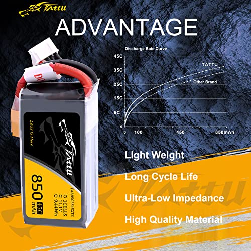 TATTU 850mAh 11.1V 45C 3S LiPo Battery Pack with XT30 Plug for Multirotor FPV 150 180 Size Quadcopter - size: 1 Pcs