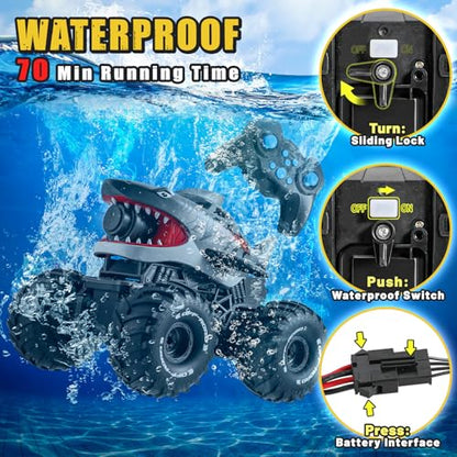 BOBXIN Amphibious Remote Control Shark Toy Monster Truck Grey | Squirt Water All-Terrain Off-Road Waterproof 4WD 2.4Ghz RC Boat Car Pool Water Toys for Kids Age 6+ - color: Grey