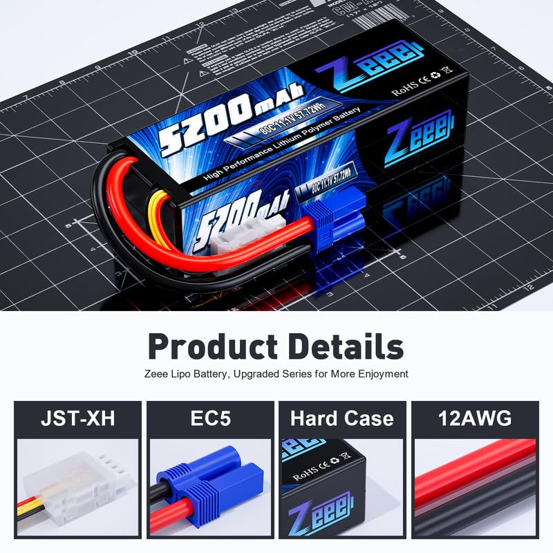 Zeee 3S Lipo Battery 5200mAh 11.1V 80C Hard Case RC Lipo with EC5 Connector for 1/5 1/8 1/10 RC Car Boat Truck Heli Airplane UAV Drone FPV Racing Models(2 Packs)